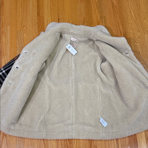 Tory Burch Black, Brown & Cream Plaid Sherpa-Trim Double-Breasted Pea Coat - Picture 9 of 9